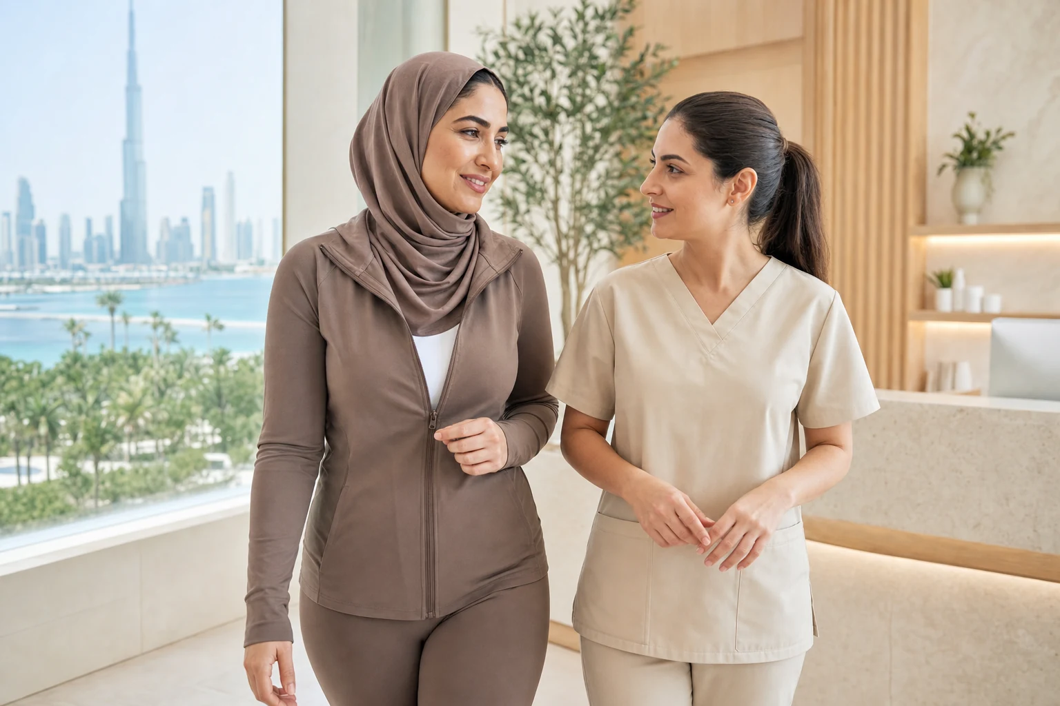 A patient being welcomed by a clinician in the reception area of a licensed clinic