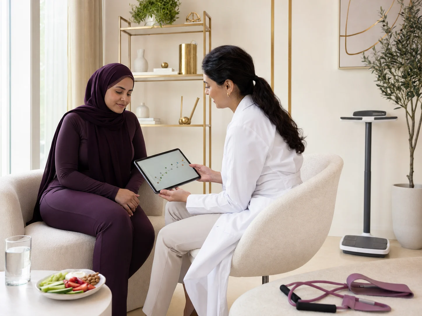 A clinician reviewing a patient's progress chart together with her at a follow-up appointment